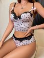 Ladies' Heart Printed Splice Lace Lingerie Set