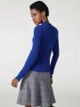 blue chic Mock Neck Rib-Knit Tee