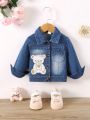 Baby Girl Bear Patched Pocket Denim Jacket Without Tee