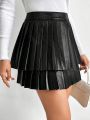 SHEIN Privé Women's Black Pleated Leather Mini Skirt