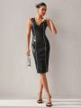 ARMAS Ladies' Color-Block V-Neck Faux Leather Sleeveless Dress With Rolled Edges