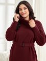 SHEIN Mulvari Plus Size High Collar Lantern Sleeve Belted Sweater Dress