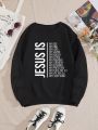 Plus Size Round Neck Sweatshirt With Slogan Print And Drop Shoulder