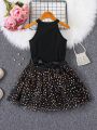 SHEIN Kids CHARMNG Toddler Girls' Halter Neck Sleeveless Top & Puffy Tutu Skirt With Glitter Stars And Sheer Mesh Princess Dress 2pcs/Set