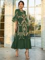 Floral Embroidery Split Tunic With Pleated Hem Dress