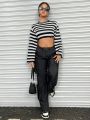 SHEIN Coolane Crop Distressed Sweater With Stripes