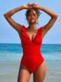 SHEIN Swim Vcay Summer Beach Ruched Ruffle Trim One Piece Swimsuit