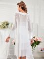 Ruffle Trim Flounce Sleeve Robe & Contrast Lace Cami Sleep Dress PJ Set