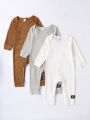Baby Boys' 3pcs/set Casual Envelope Neck Long Sleeve Footed Jumpsuits, Loose Fit, Comfortable, Spring & Autumn