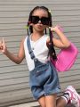 SHEIN Kids Y2Kool Young Girls' Summer Design Sense Casual Sleeveless Vest And Denim Shorts With Oblique Shoulder Strap Set