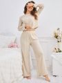 Women's Round Neck Ribbed Long Sleeve And Long Pants Homewear Set