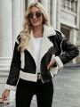 SHEIN Essnce Teddy Lined Drop Shoulder Leather Look Jacket