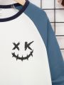 SHEIN Tween Boy Expression Print Colorblock Raglan Sleeve Tee