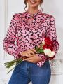 SHEIN LUNE Ladies' Long Sleeve Shirt With Heart Print And Ruffle Hem