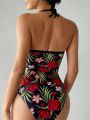 Ladies' One Piece Swimsuit With Floral Print And Hollow Out Design