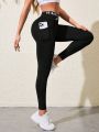 Yoga High Street Women's Waistband Pocket Letter Print Gym Leggings