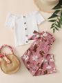 SHEIN Kids SUNSHNE Toddler Girls Button Up Tee & Floral Print Pants Set