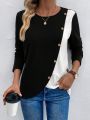 Women's Color Block Wrapped Overlap & Button Decorated T-shirt