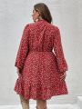 SHEIN VCAY Plus Size Long Sleeve Dress With Small Floral Print And Notched Neckline