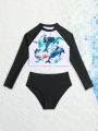 Girls' Blue Whale Printed Long Sleeve T-Shirt And Swimwear Set