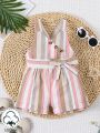 SHEIN Baby Girls' Casual Vintage Striped Fabric Sling Romper, Perfect For Outdoor Wear In Spring/Summer