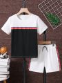 SHEIN Kids SPRTY Toddler Boys' Woven Stripe Splice T-Shirt And Shorts Set With Waistband