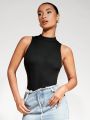 SHEIN BASICS Women's Solid Color Stand Collar Bodysuit