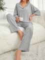 Women'S Notched Collar Knit Stripe Pajama Set