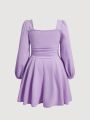 SHEIN MOD Plus Size Solid Color Square Neckline With Pleated Design Long Sleeve Dress