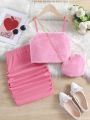 SHEIN Kids CHARMNG Young Girl Knitted Solid Color Strap Cami Top With Ruffle Hem Skirt And Crossbody Love Heart Bag 3pcs/Set