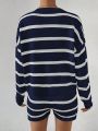 SHEIN Essnce Striped Pattern Drop Shoulder Sweater & Drawstring Waist Knit Shorts