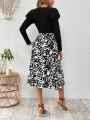 SHEIN VCAY Women's Ruffle Hem Long Sleeve Top And Plant Print Midi Skirt 2pcs/set