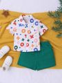 SHEIN Baby Boy Cute Symbol Pattern Short Sleeve Shirt Solid Color Shorts Set