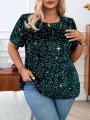 SHEIN VCAY Plus Size Women's Sequin Short Sleeve Shirt