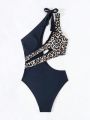 SHEIN Swim Vcay Leopard Print Cutout One Shoulder Swimsuit With Knot Detail