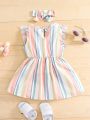 Baby Block Striped Ruffle Trim Bow Front Dress With Headband