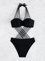 SHEIN Swim BAE Hollow Out Criss Cross One-Piece Swimsuit