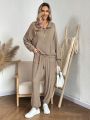 SHEIN LUNE Ladies' Solid Color Half Zipper Kangaroo Pocket Drop Shoulder Hoodie And Sweatpants Two Piece Set