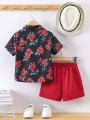 SHEIN Kids FANZEY Young Boys' Valentine's Day Rose Printed Shirt And Shorts Set