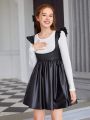 Teen Girl Solid Tee & Ruffle Trim PU Leather Overall Dress