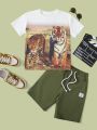 SHEIN Teen Boys' Casual Animal Beast Print Short Sleeve T-Shirt And Solid Color Woven Shorts Set With Crew Neck