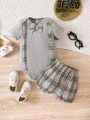 Boys Baby Plaid Bow Front Bodysuit & Pinafore Shorts