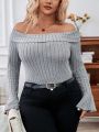 SHEIN Essnce Off Shoulder Vertical Stripe Versatile Plus Size T-Shirt