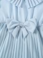 SHEIN Kids FANZEY Little Girls' Bowknot Decor Chiffon Pleated Dress For Spring/Autumn