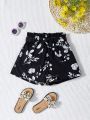SHEIN Kids SUNSHNE Big Girls' Woven Floral Print Belted Loose Casual Vacation Shorts