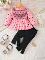 SHEIN 2pcs/set Baby Girls' Heart Print Bubble Sleeve Top And Flared Pants Outfit