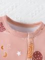 SHEIN Baby Girls' Long Sleeve Footed Pajamas With Space Themed Sun, Moon & Stars Print