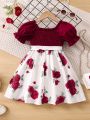 SHEIN Young Girl Red & White Floral Printed Sweet Vacation Dress With Square Neckline And Ruffle Sleeve For Summer