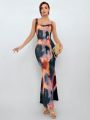 SHEIN Privé Asymmetrical Neckline And Fish-Tail Printed Dress