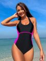 SHEIN Swim SPRTY Women'S Color Block Halter One Piece Swimsuit